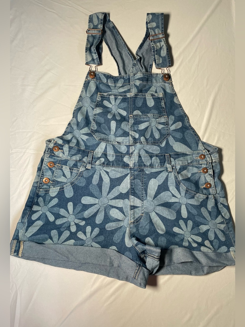 Floral Denim Spring/Summer Relaxed Short Overalls Boho Junior L Size 11-13
